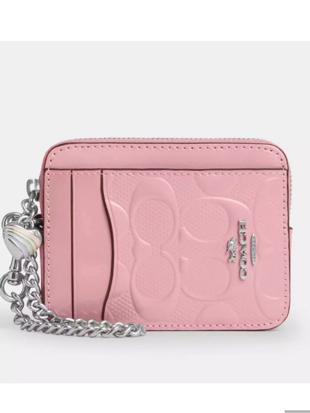 Coach Pink Signature Card Holder with Silver Chain and Heart Charm
